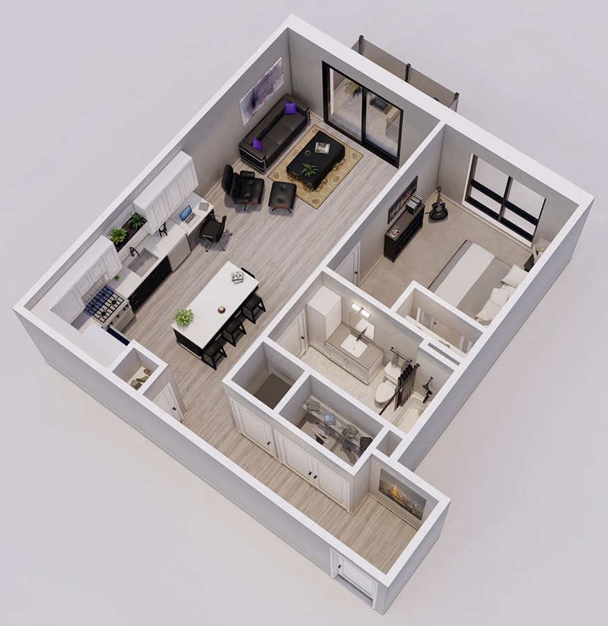 Floor plan for 1 bed, 1 bath, 740 sqft